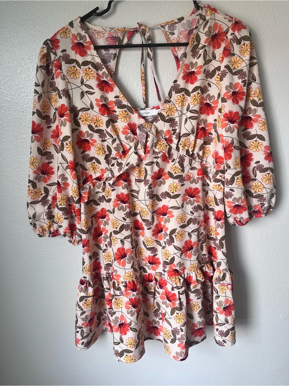 Lush Floral V-Neck Babydoll Dress- Cream with Red & Yellow Flowers